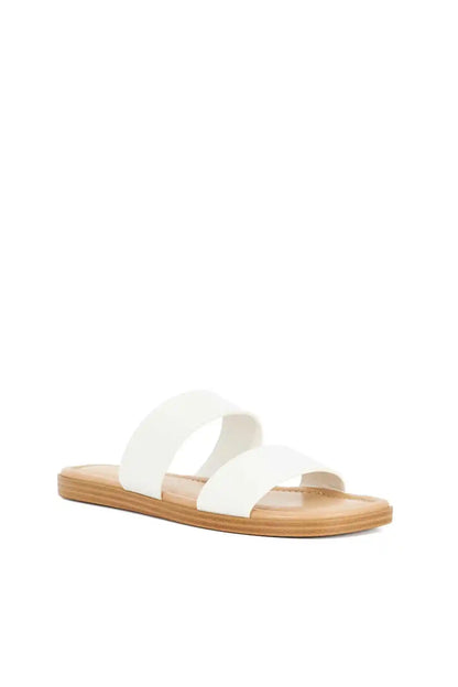 Dune London white open-toe sandals with wide straps and low tan platform sole