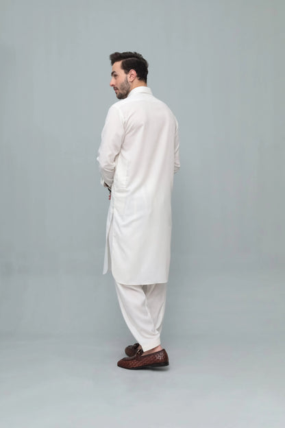 Men's white shalwar suit with long kurta and shalwar, back side view