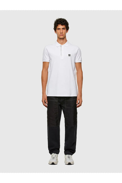 Men's white polo shirt with button placket and short sleeves, small chest logo
