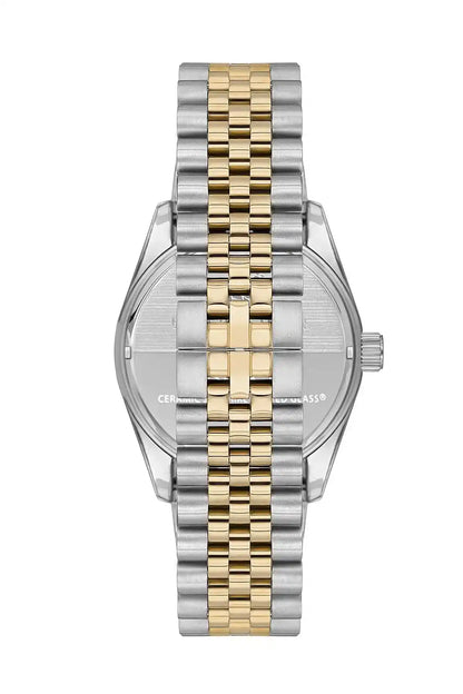 Two-tone metal wristwatch case back with silver and gold striped bracelet links