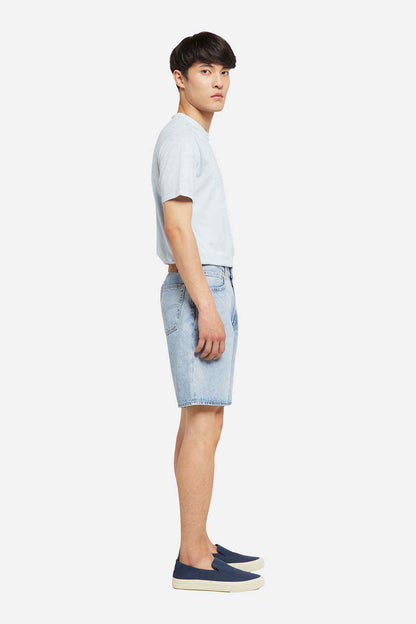 Light-wash denim shorts, knee length, straight hem, five-pocket style