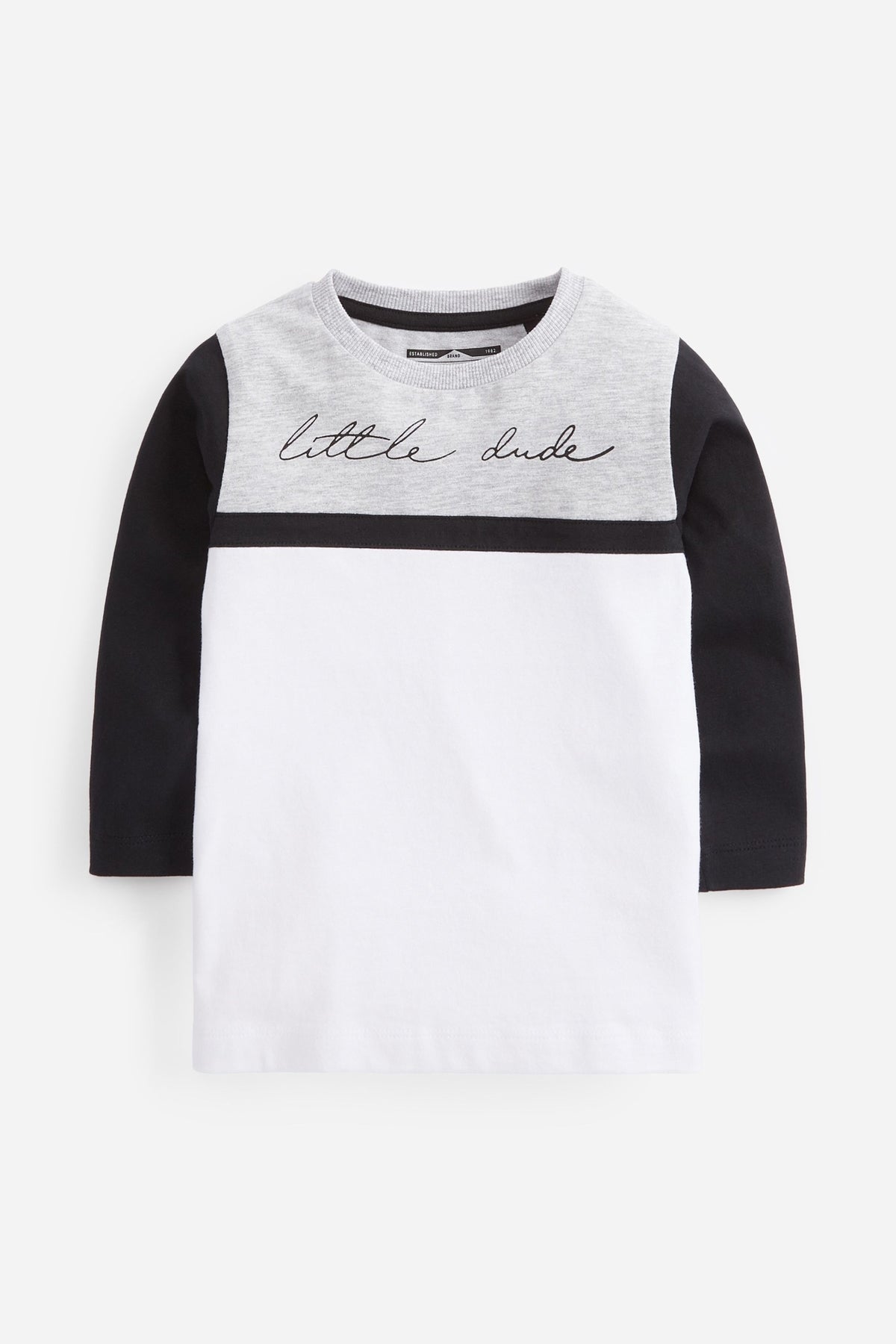 Kids' colorblock long-sleeve T-shirt in white with gray and black sleeves, 'little dude' text