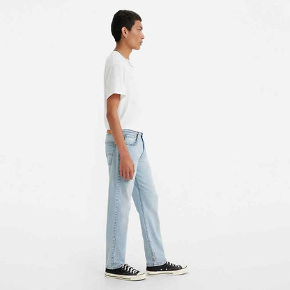 Light indigo denim jeans, straight leg with belt loops and subtle wash whiskers