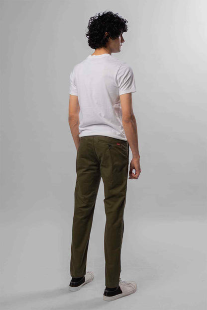 Olive green pants from back with belt loops and rear pockets