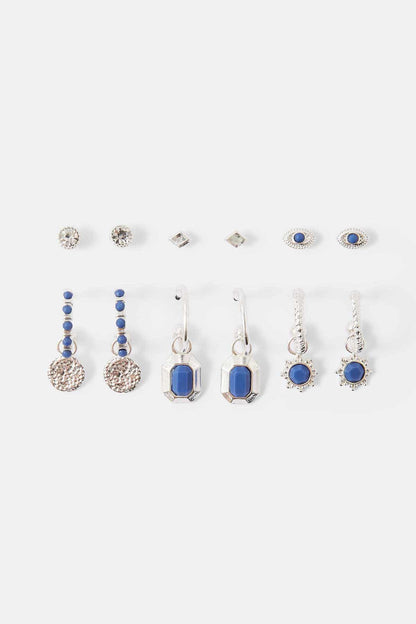 Blue and silver-tone stud and drop earrings set, with oval, round and geometric stones.