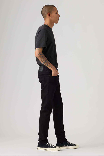 Men's black denim jeans with straight leg and five-pocket design