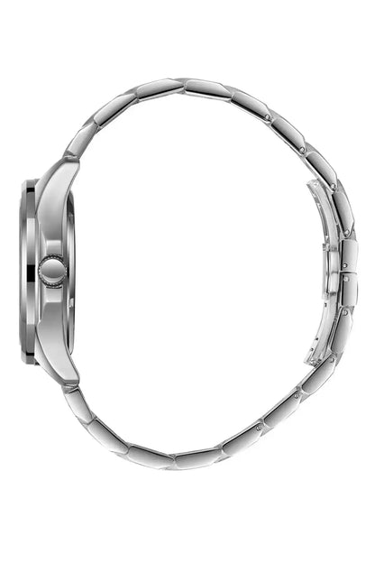 Silver metal wristwatch side view with linked bracelet and crown on case
