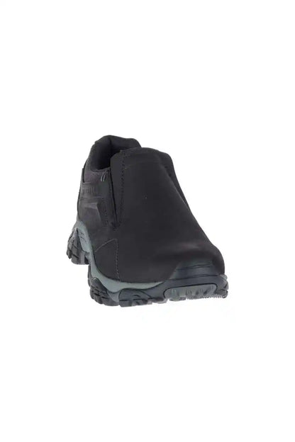 Black trail slip-on shoe, side view, textured outsole and cushioned heel