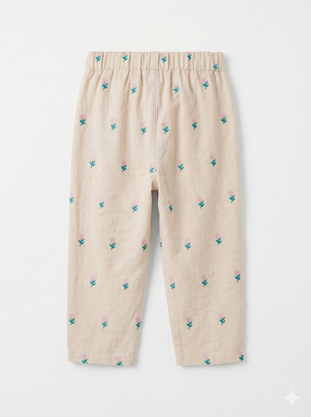 Cream kids' pants with teal cactus print, straight leg, elastic waistband, cuffed hem