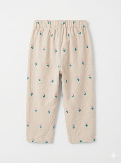 Cream kids' pants with teal cactus print, straight leg, elastic waistband, cuffed hem