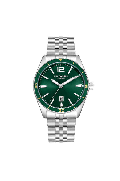 Silver metal wristwatch with green dial, round face and linked bracelet