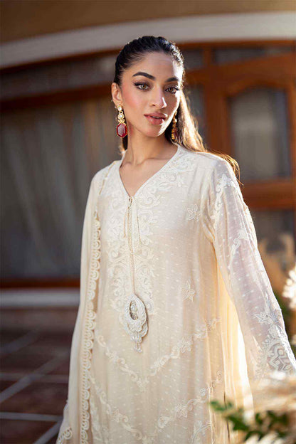Off-white embroidered long tunic with V-neck, button placket, sheer long sleeves