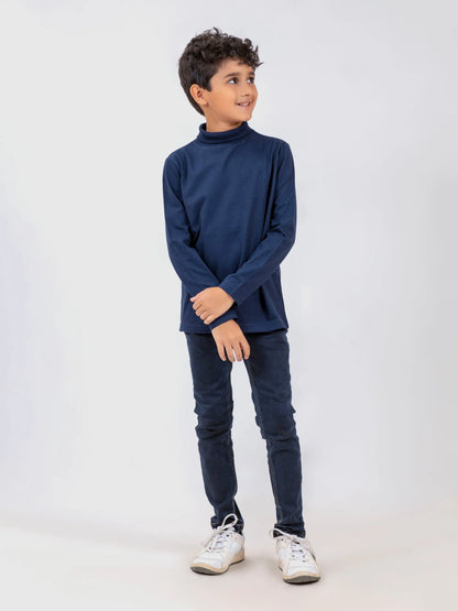 Brumano navy cotton mock-neck long-sleeve top, full-body standing view