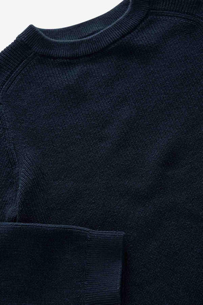 Navy crewneck knit sweater, ribbed collar and textured knit