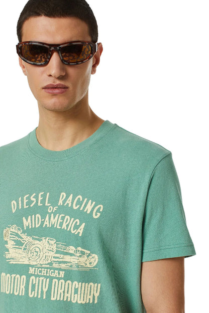 Sea green T-shirt with racing graphic detail at chest, crew neck