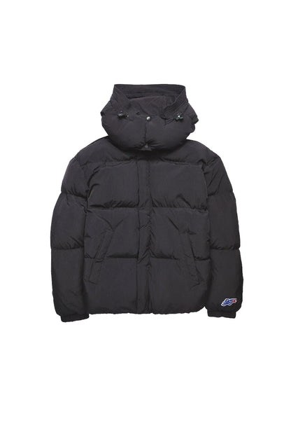 Black hooded puffer jacket with quilted pattern and front zipper, logo patch on cuff