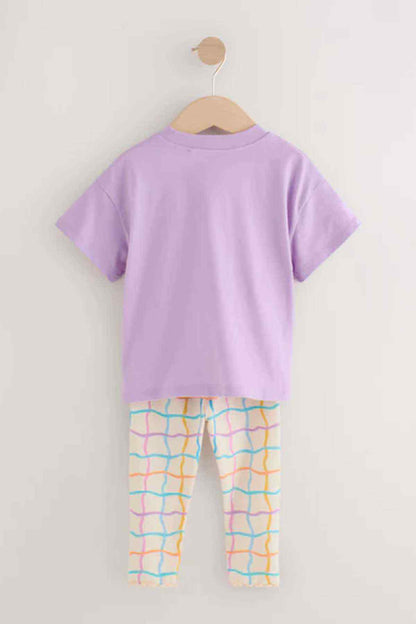 Lilac kids T-shirt and long leggings set, back view with multicolor grid print