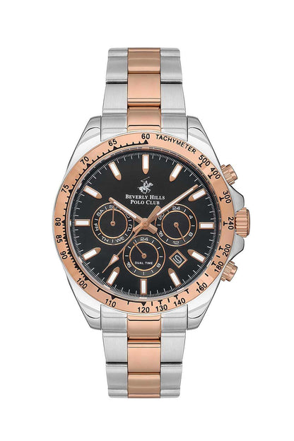 BHPC chronograph watch with black dial, silver bracelet and rose-gold accents