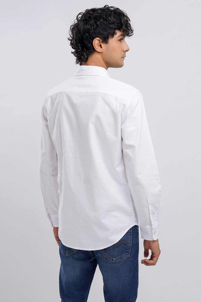 White button-down shirt, back view with collar and long sleeves