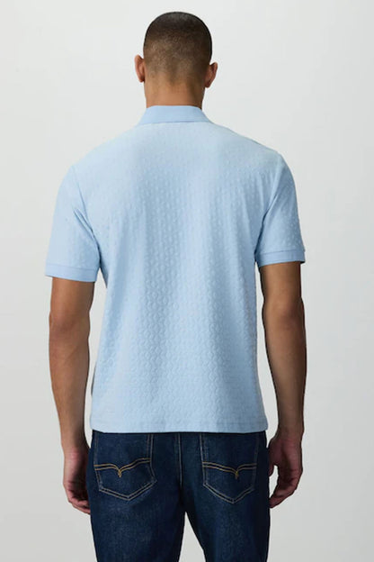 Light blue polo shirt back view with short sleeves and collar
