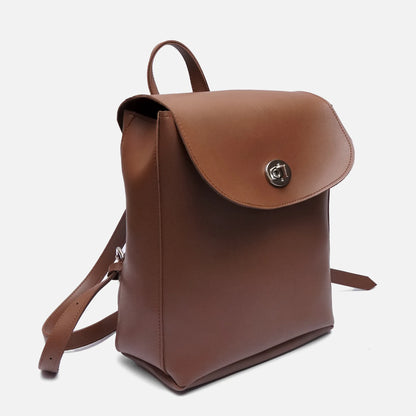 Brown leather mini backpack with side pocket flap and round clasp; adjustable shoulder strap.
