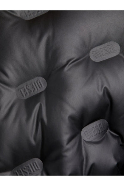 Black quilted puffer jacket with embossed logo buttons on fabric