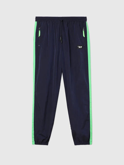 Navy track pants with neon green side stripes, elastic waistband, jogger cuffs