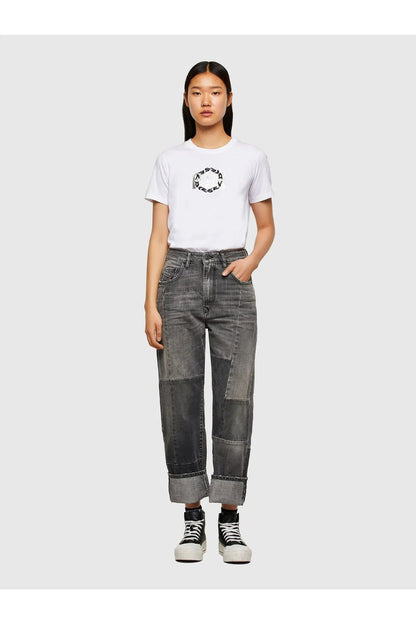 White crew-neck T-shirt with circular chest graphic logo print