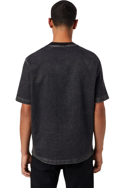 Charcoal crew-neck T-shirt, short sleeves, visible back view and hem