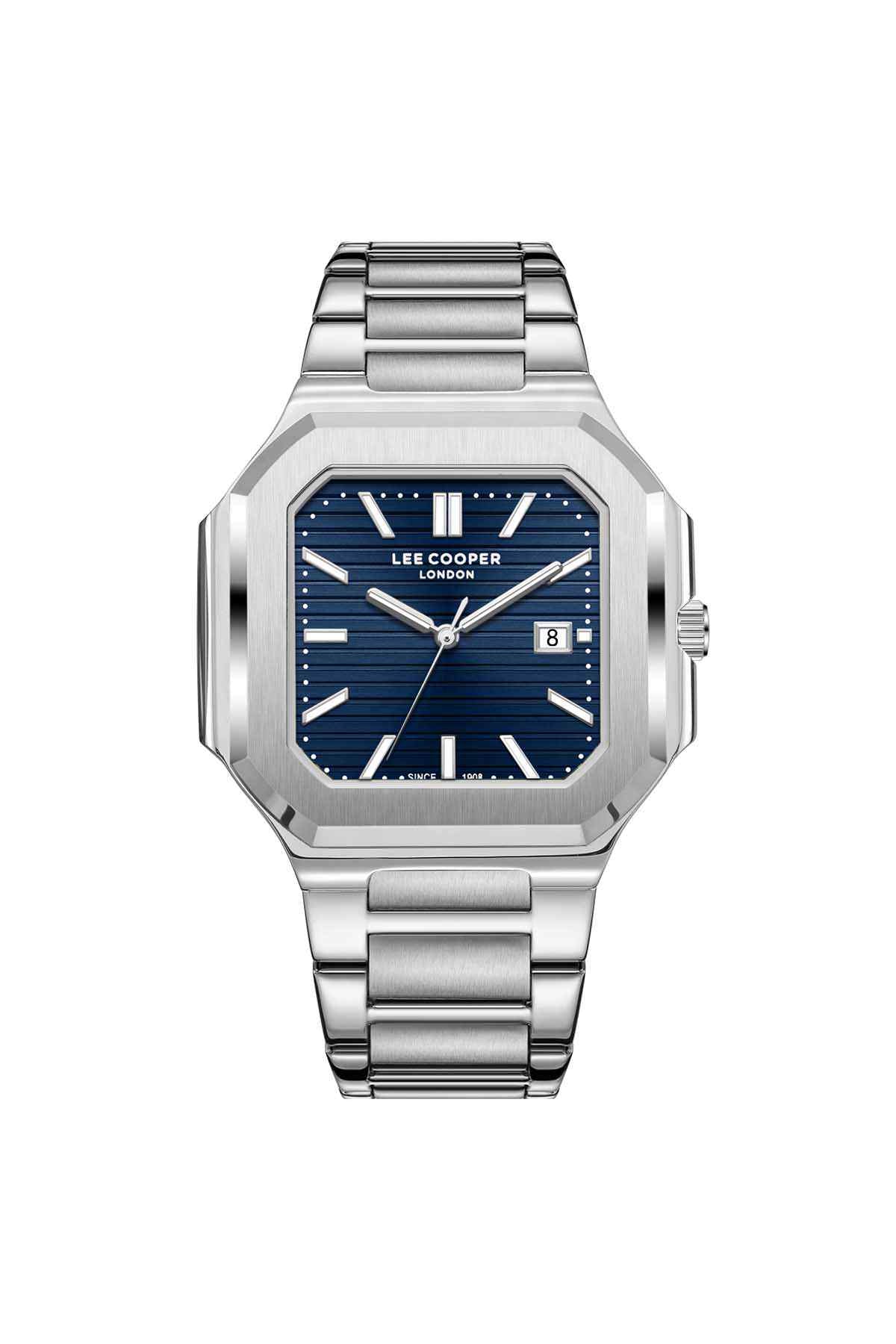 Silver metal wristwatch with octagonal case, blue dial, baton markers, date window