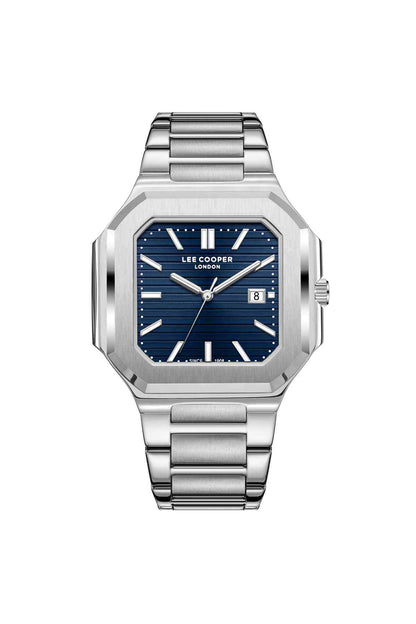 Silver metal wristwatch with octagonal case, blue dial, baton markers, date window