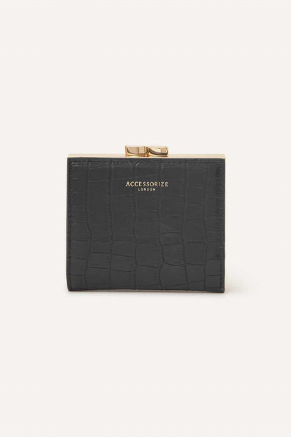 Black croc-texture clutch wallet with gold top clasp