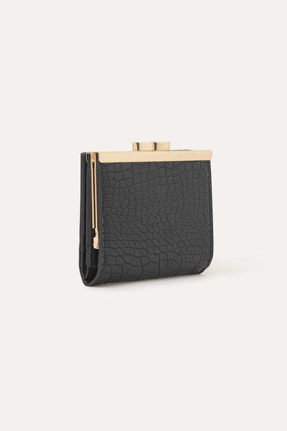 Black textured clutch wallet with gold clasp and side zipper