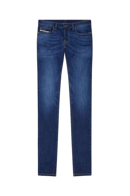Dark blue denim jeans with zip fly, belt loops, and straight leg