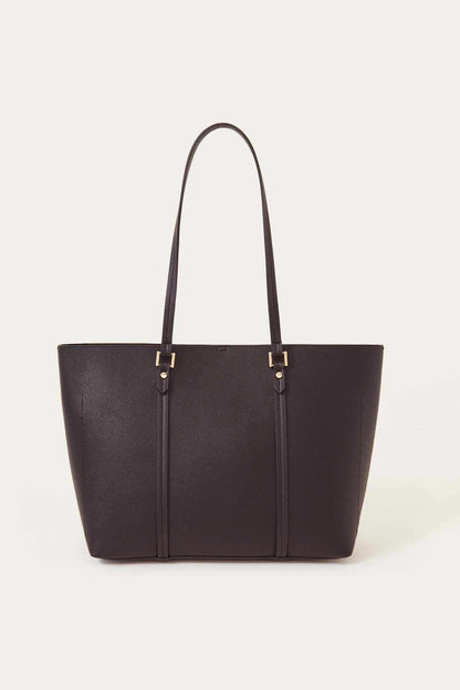 Black structured tote bag with top handles and metal hardware.