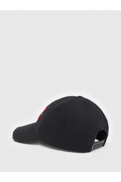 Black baseball cap, side view with small red logo mark and curved brim