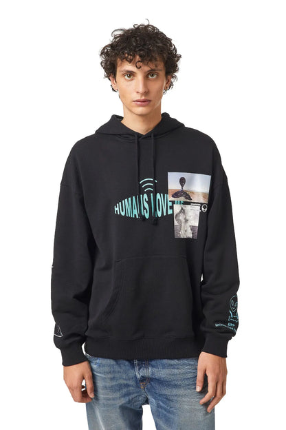 Black Diesel pullover hoodie with front graphic and kangaroo pocket