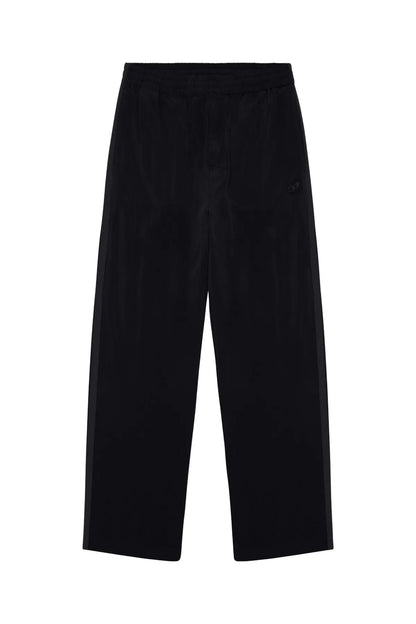 Black wide-leg pants with elastic waistband and straight wide legs