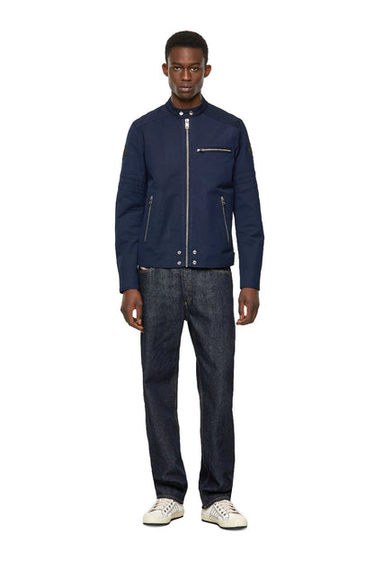 Dark blue zip-up bomber jacket with stand collar, gold-tone zips, and snap cuffs