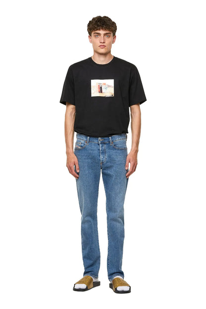 Men's blue straight-leg jeans with mid-rise waistband and front button details