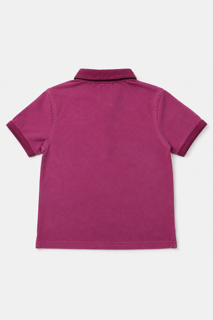 Magenta polo shirt back view with short sleeves and ribbed collar