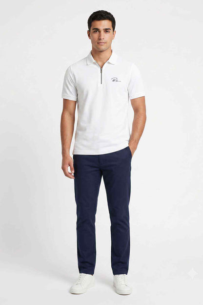 Beleri London white zip-neck polo shirt with short sleeves and logo