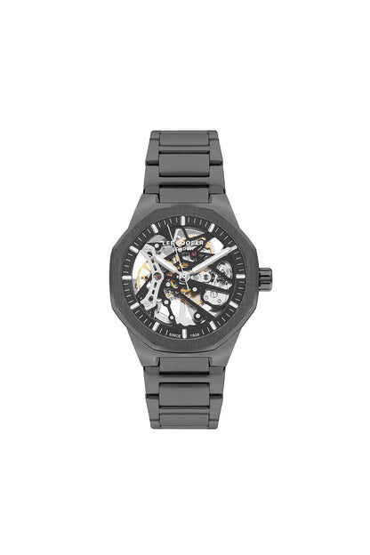 Lee Cooper gun-tone skeleton dial watch with metal bracelet and round bezel