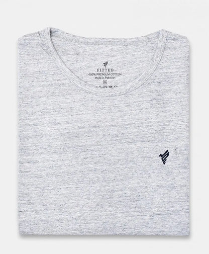 Fitted heather gray T-shirt, crew neck; collar label and chest logo