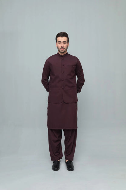 Mazham 3-piece shalwar suit in dark maroon, buttoned jacket and matching shalwar