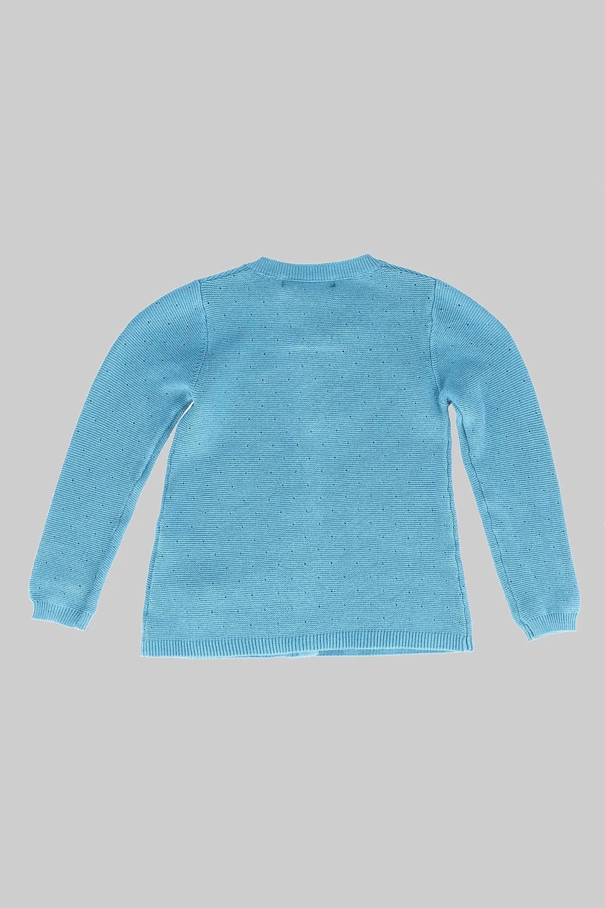 Baby knit cardigan back view, light blue with long sleeves and ribbed hem
