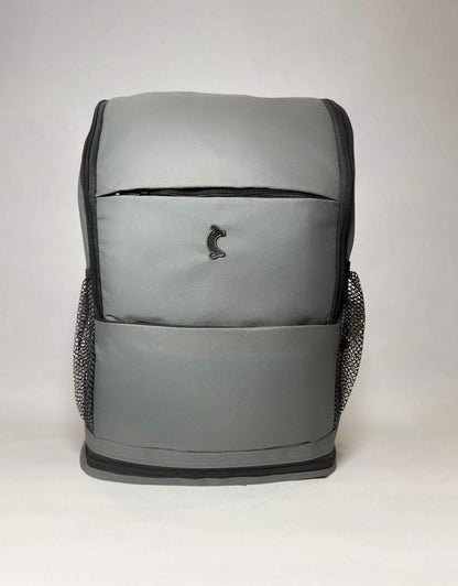 Gray backpack front view with small zipper pocket and metal logo