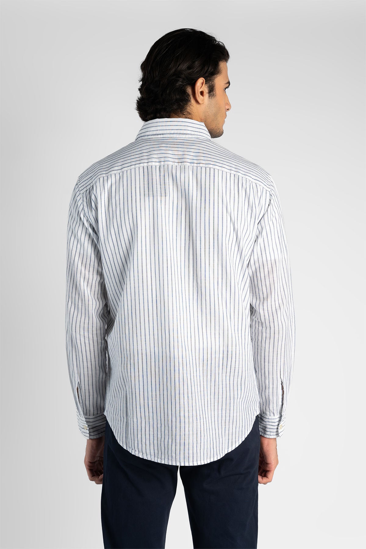 Levi's white vertical-striped button-up shirt, back view, long sleeves