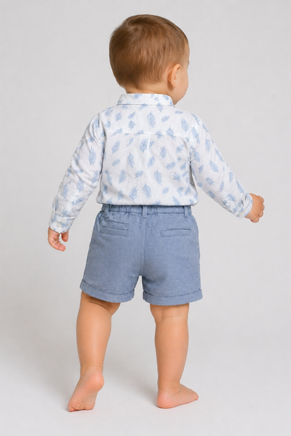 Infant 2-piece outfit worn: blue-pattern button shirt and denim drawstring shorts, back