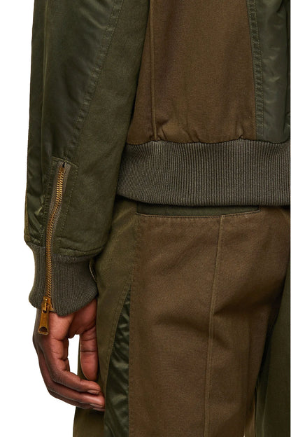 Diesel green bomber jacket cuff and front hem with ribbed knit trim